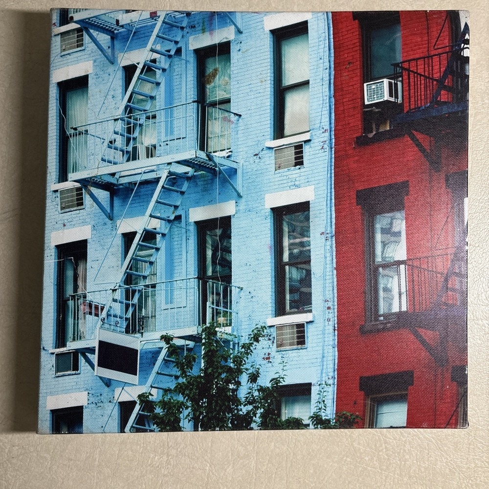 NYC Colorful Building Canvas Wall Art Blue & Red Fire Escape Photo Print 12x12
